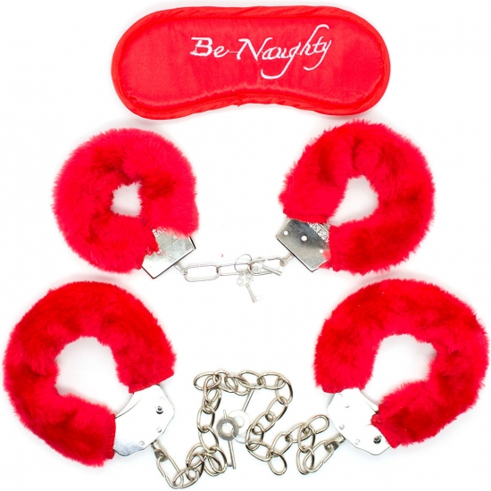 Набор из трех предметов: маска, поножи и наручники красного цвета