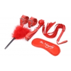 Набор из пяти предметов: маска, тиклер, плеть, пластиковый кляп, наручники