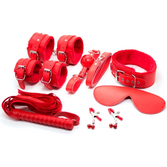 Красный БДСМ набор из семи предметов: зажимы, маска, плеть, кляп, наручники, поножи, ошейник