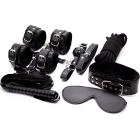 Черный набор из восьми предметов: наручники, поножи, кляп, веревка 5 метров, ошейник с поводком, плеть, маска