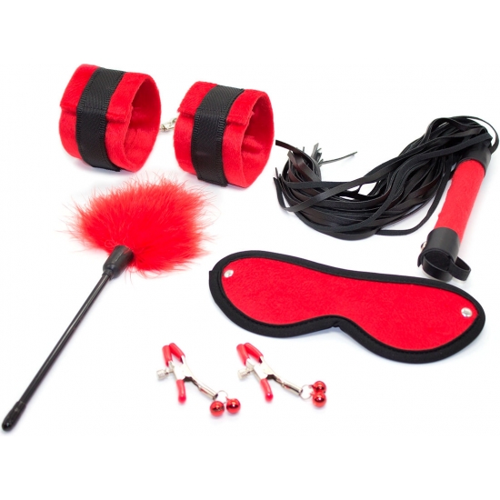 Черно-красный БДСМ набор из пяти предметов: зажимы, маска, плеть, тиклер, наручники