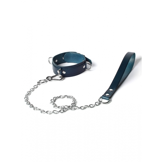Эксклюзивный ошейник с поводком ручной работы синего цвета