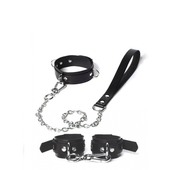 Эксклюзивный набор из наручников и ошейника с поводком ручной работы черного цвета