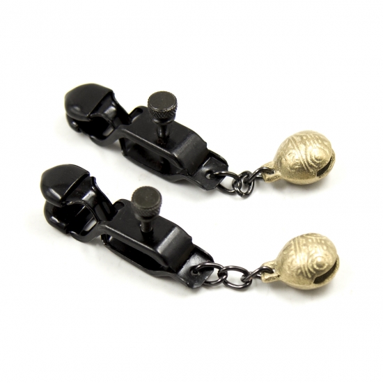 Черные зажимы для сосков с золотыми бубенцами