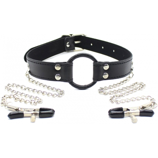 Кляп с металлическим кольцом-расширителем и зажимами для сосков