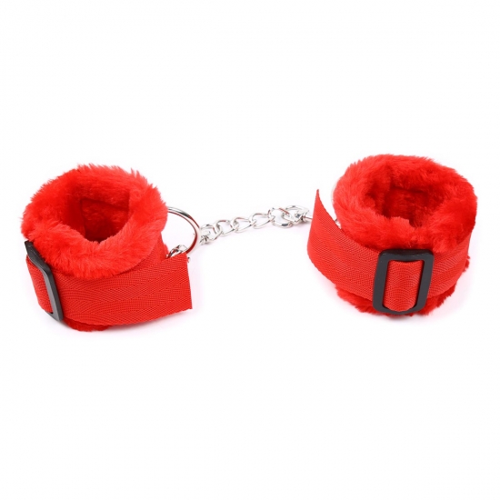 Красные текстильные наручники с мехом