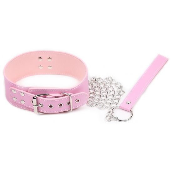 Розовый БДСМ ошейник с поводком на цепочке