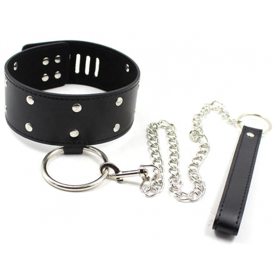 Широкий ошейник с кольцом и поводком на цепочке