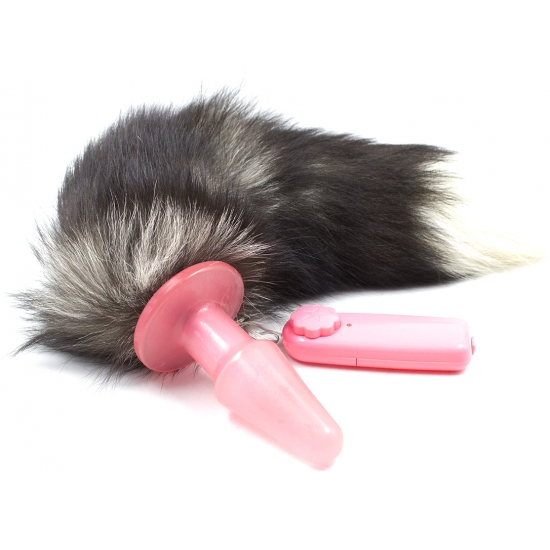 Анальная вибропробка с натуральным серым хвостиком, 47 см, Ø 3,7 см