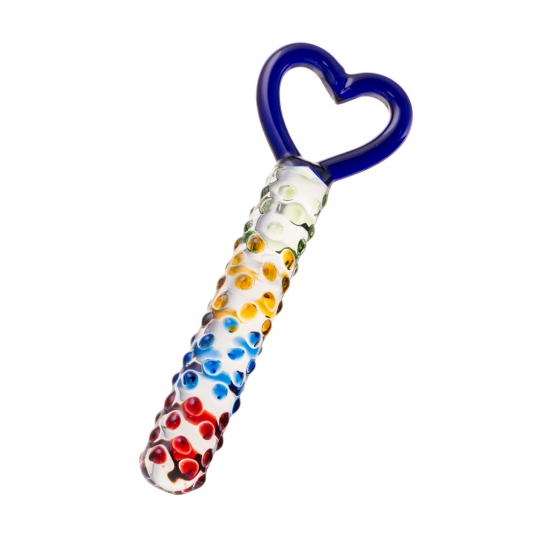 Цветной фаллоимитатор из стекла с синей ручкой в виде сердца