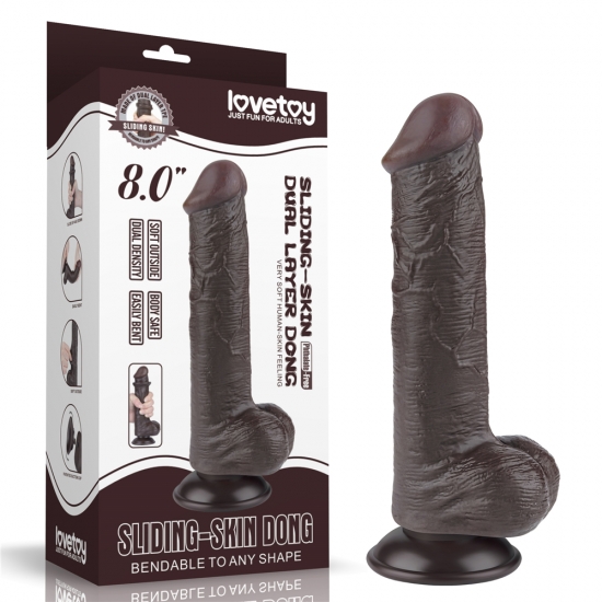 Реалистичный фаллос черного цвета на присоске Sliding Skin Dual Layer Dong, 20,8 см, Ø 4 см