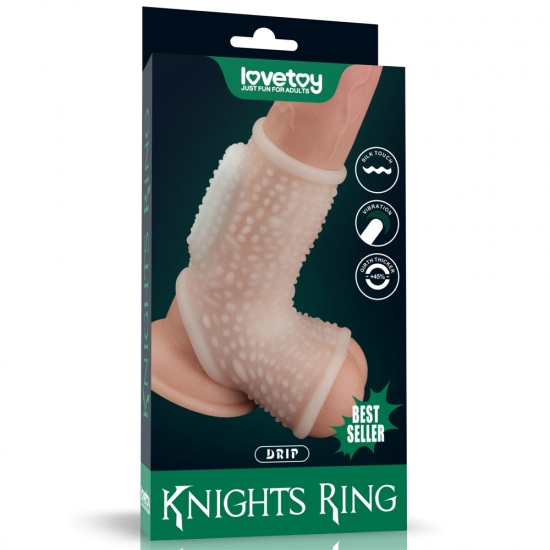 Насадка с вибрацией и бандаж на мошонку Vibrating Drip Knights Ring, белая, Ø 3,8 - 4,8 см