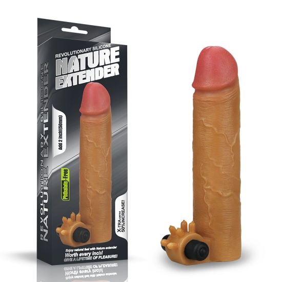 Насадка на пенис с вибрацией Nature Extender мулат плюс 5 см, 19 см, Ø 4,5 см