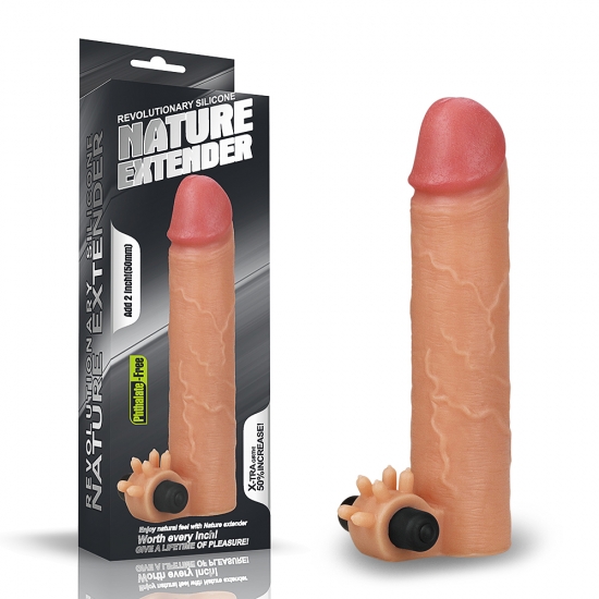 Насадка на пенис с вибрацией Nature Extender телесная плюс 5 см, 19 см, Ø 4,5 см