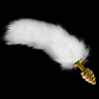 Золотая рифленая анальная пробка с белым хвостиком, 6,5 см, Ø 3 см