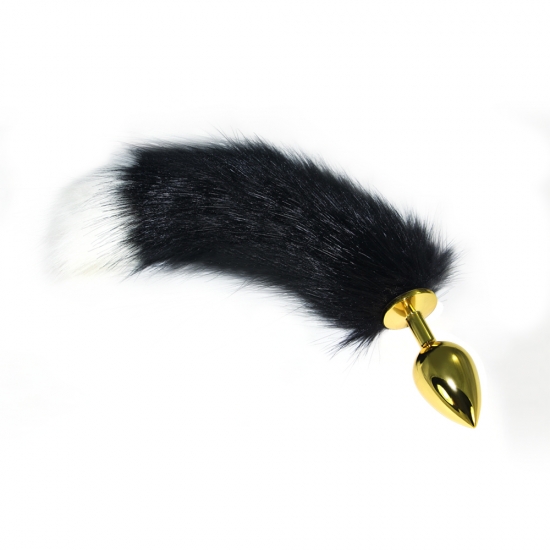 Золотая анальная пробка с черно-белым хвостиком, 9,5 см, Ø 1 - 3,8 см
