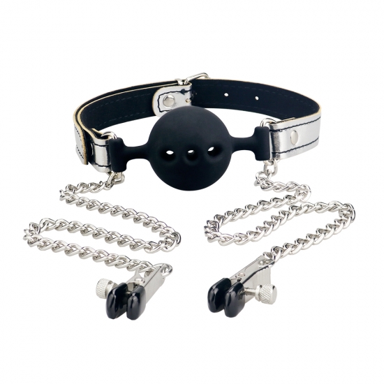 Черный кляп с зажимами для сосков Breathable Ball Gag