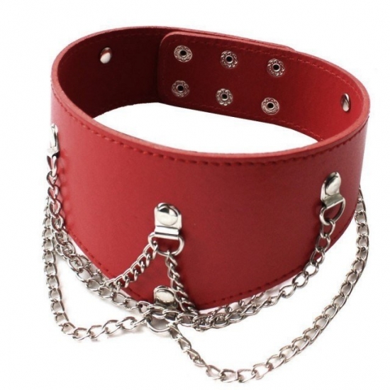Красный широкий ошейник с цепочками
